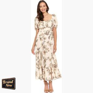 Linen Rayon Maxi Dress Square Neck Puff Sleeves Fit Flare Wedding Guest